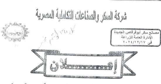 شركة السكر والصناعات التكاملية بالمنيا تعلن بدء توريد محصول القصب 2 يناير